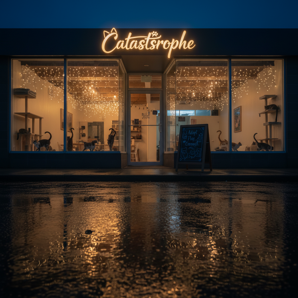 A nighttime scene of the cat café’s exterior, captured in photorealistic detail. The storefront features large, clear windows revealing silhouettes of cats perched on interior shelves and window seats, their tails curling against the glass. A glowing, modern sign reading "Catastrophe" in playful script, accented with a minimalist cat-ear icon, casts a soft, warm light onto the sidewalk. Inside, warm ambient lighting and fairy lights strung along ceiling beams create a golden, inviting glow, contrasting with the cool, deep blue of the evening sky. A-frame signage on the pavement displays illustrated cats and the words "Adopt. Play. Connect." The composition is a slightly low angle from across the street, with reflections on the wet pavement adding emotional depth and a dreamy, cinematic atmosphere.