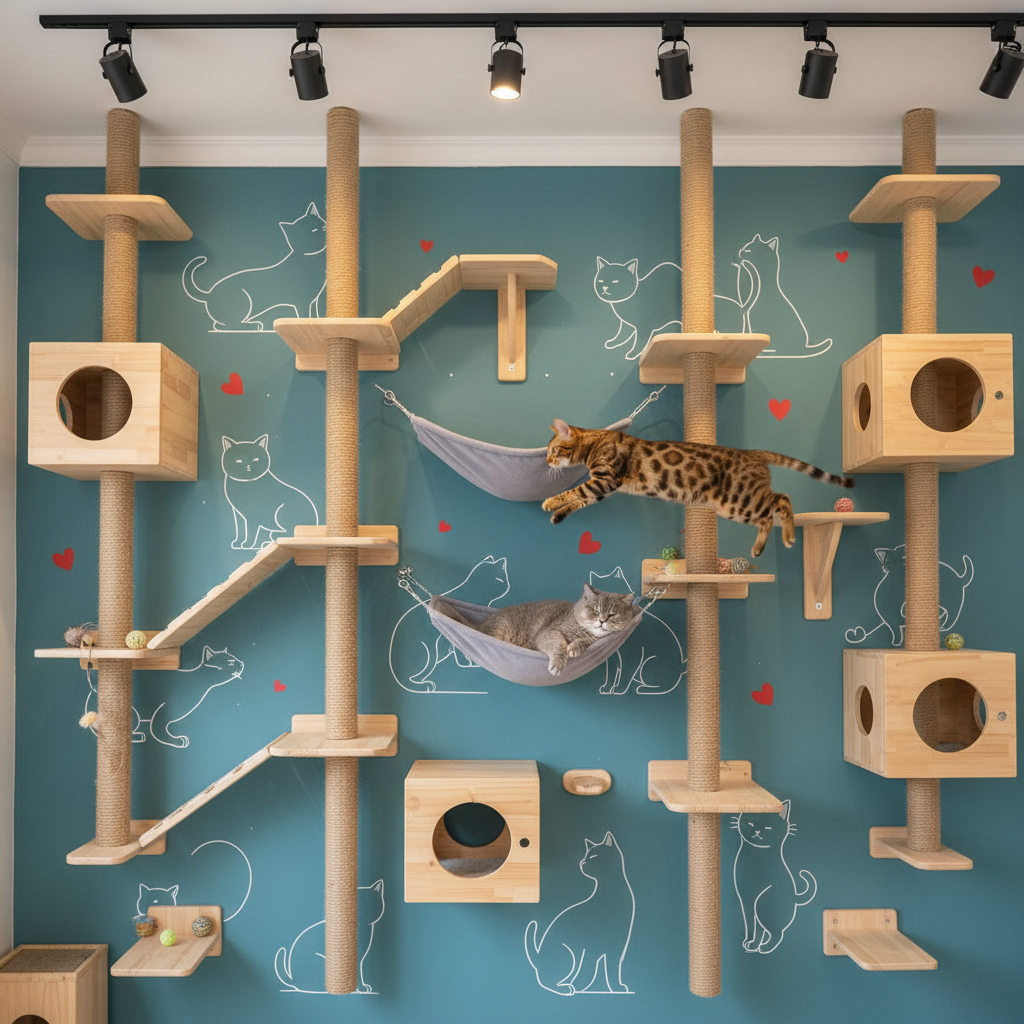 A detailed, photographic shot of an interactive cat wall inside the café, designed as a vertical playground. Natural wood platforms, sisal-wrapped columns, fabric hammocks, and tunnel boxes form a multi-level maze against a matte teal wall adorned with minimalist line-art cats and tiny heart motifs. A spotted Bengal cat is caught mid-leap between platforms, motion slightly blurred for dynamism, while a fluffy British Shorthair lounges in a hammock, calmly watching. Soft, even artificial lighting from overhead track lights ensures clear visibility of textures and cats without harsh shadows. The composition uses a wide-angle, straight-on perspective, emphasizing height and complexity, with a vibrant, playful mood that showcases the café as a joyful sanctuary tailor-made for feline personalities.