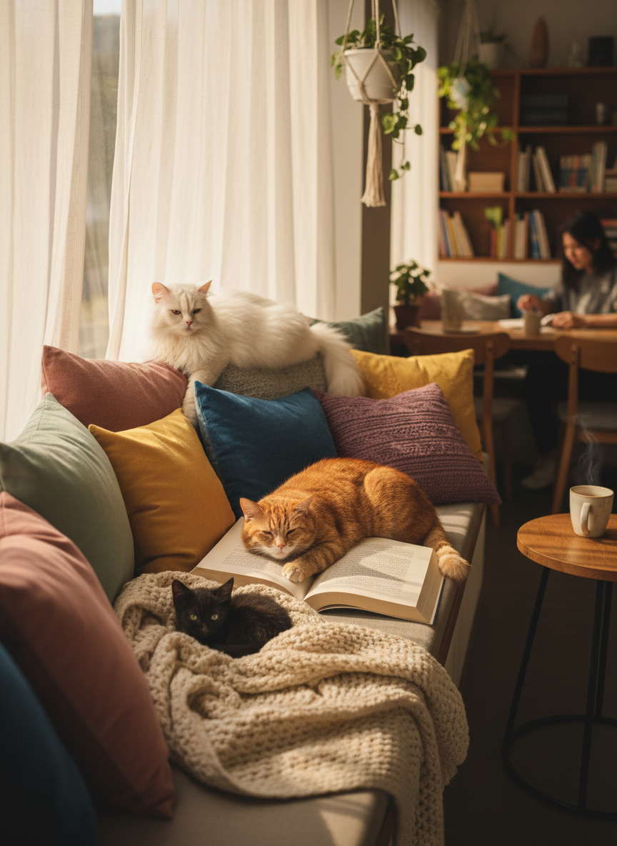 A cozy reading nook within the cat café, captured in photographic realism. A low, cushioned bench built into a bay window is piled with mismatched but harmonious pillows in soft pastels and muted jewel tones. Several cats of varied breeds lounge comfortably: a white long-haired cat draped along the backrest, a chubby tabby sprawled on an open book, and a tiny black kitten curled into a knitted throw blanket. Late afternoon golden hour sunlight filters through sheer curtains, casting warm, dappled patterns across fur and fabric. The atmosphere is dreamy and introspective, using a slightly elevated angle and shallow depth of field so the cats and textured fabrics are crisp, while the rest of the café recedes into a gentle blur, suggesting a quiet sanctuary for connection and reflection.