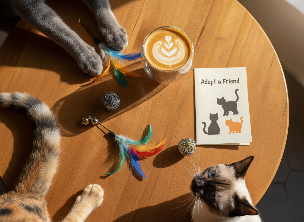 An overhead, photographic view of a warm-toned wooden café table arranged for a cat lover’s perfect visit. A frothy latte in a transparent double-walled glass sits beside a neatly folded adoption brochure featuring illustrated cat silhouettes. Several cats of different breeds—calico, Russian Blue, and Siamese—are visible around the edges of the frame, their paws, ears, and tails partially entering the scene as they investigate a scattering of feather toys and crinkly balls. Soft morning light streams through a nearby window, creating gentle highlights on the glass and subtle shadows of whiskers and tails. The atmosphere is playful yet soulful, using natural colors and a tidy composition that uses the rule of thirds, inviting viewers to imagine reaching in to join the moment.