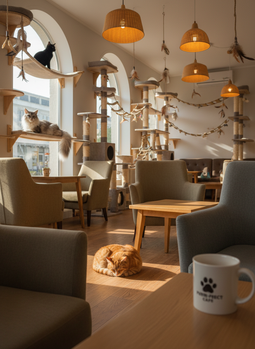 A wide, inviting view of a cozy cat café interior designed as a playful wonderland for felines. Plush armchairs and low wooden tables are scattered across a warm oak floor, while climbing trees, wall-mounted shelves, and dangling feather toys create a vertical playground for a variety of cats: a fluffy silver Maine Coon lounging on a window perch, a sleek black cat watching from a high shelf, and a ginger tabby curled in a sunbeam. Late afternoon natural light pours through large windows, mixing with warm pendant lamps to create a golden, comforting glow. Photographic realism, eye-level composition with shallow depth of field keeps the nearest cat and café logo mug in sharp focus while the background blurs softly, conveying a welcoming, soulful atmosphere.