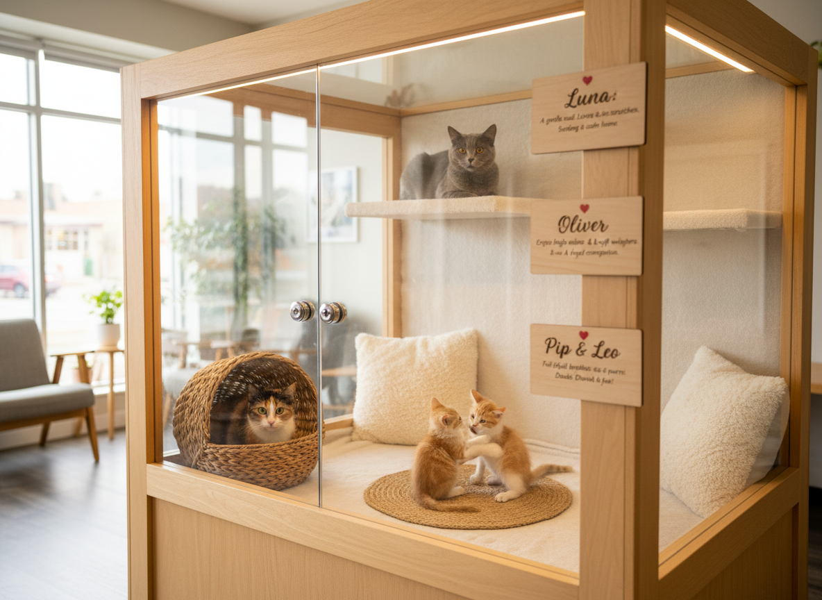 A tranquil adoption corner inside the cat café, photographed in realistic detail. A spacious glass-fronted enclosure lined with soft fleece beds and woven wicker baskets houses several cats: a shy tortoiseshell peeking from a basket, a dignified grey senior cat resting on a high ledge, and a pair of playful kittens wrestling on a sisal mat. Discreet signage with elegant typography and small heart icons explains each cat’s personality and story, mounted on warm-toned wooden frames outside the glass. Soft, warm overhead lighting combines with gentle window light to create a serene, hopeful mood, with no harsh shadows. The composition is slightly off-center, capturing both the cats and their story cards, emphasizing emotional connection and thoughtful, compassionate adoption.