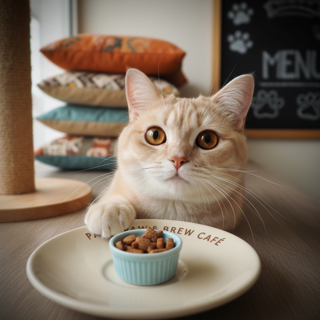 A close-up, photographic realistic shot of a soft cream-colored cat with deep amber eyes gazing curiously at the camera, one paw resting on a ceramic café-branded saucer holding a tiny bowl of cat treats. The cat’s fur appears velvety and meticulously detailed, individual strands catching the gentle, diffused light from an overcast sky filtering through a nearby window. Behind, out of focus, are hints of cozy café décor: a stack of colorful cushions, a wooden scratching post, and a chalkboard menu with whimsical paw-print drawings. The mood is intimate and heartwarming, with a slight vignette that focuses attention on the cat’s expressive face. Captured at eye-level with a shallow depth of field to create a tender, emotional connection.