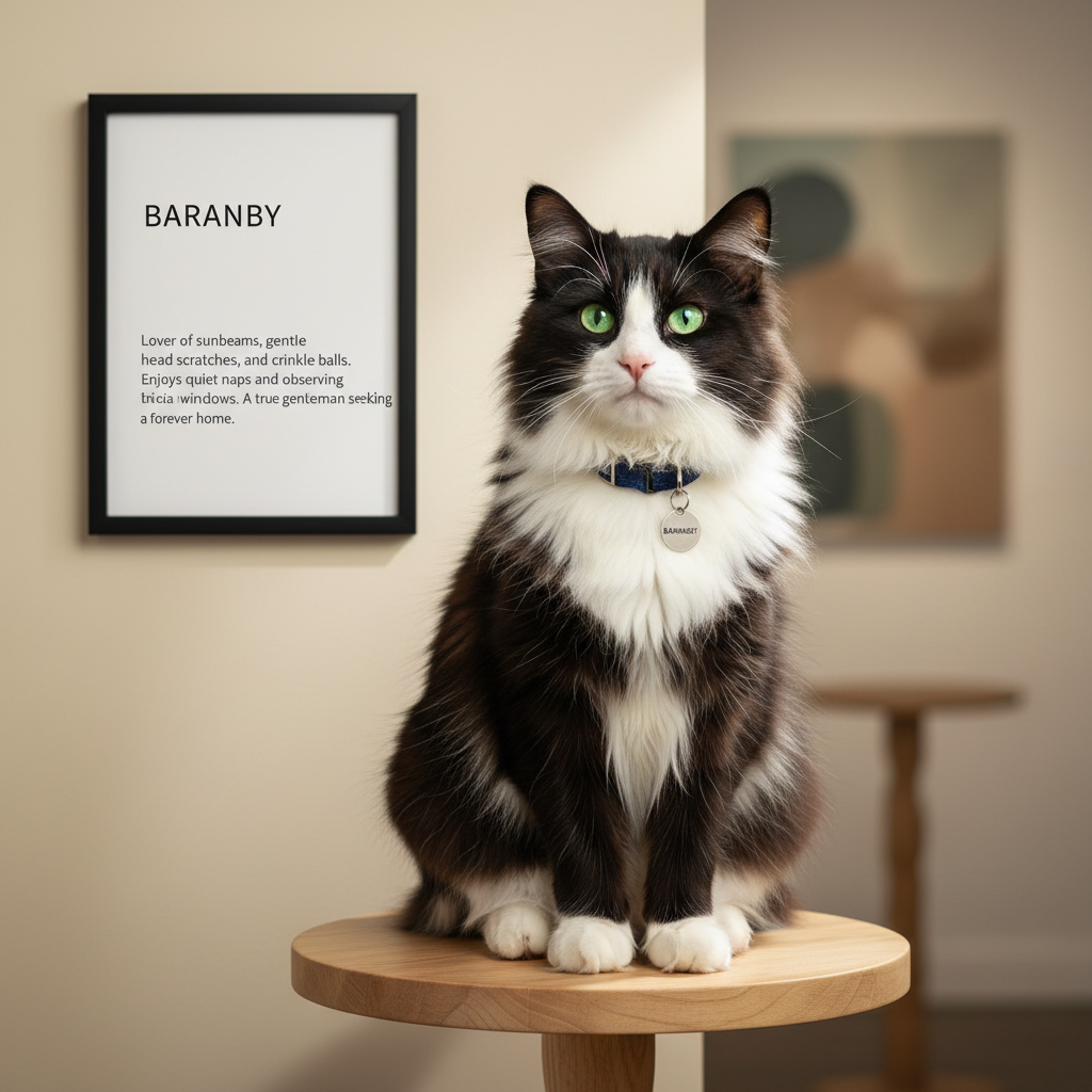 A serene, photographic realism portrait of a single adoptable cat sitting on a small wooden pedestal, styled like an art gallery feature. The cat, a dignified long-haired black and white tuxedo with luminous green eyes, wears a simple, elegant collar with a tiny engraved tag. Behind the pedestal, a soft beige wall holds a framed card describing the cat’s name, personality traits, and favorite toys, printed in clean, modern typography. Gentle studio-style lighting from the side creates a subtle rim light around the cat’s fur, emphasizing softness while keeping shadows faint and flattering. The background is minimally styled, slightly out of focus, directing full attention to the cat’s soulful gaze. The mood is reverent and heartfelt, suggesting that every cat here has a story worth knowing.